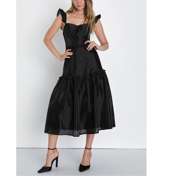 NWT LULUS Effervescent Aesthetic Tiered Cocktail Tiered Midi Dress Black Medium - Picture 3 of 11